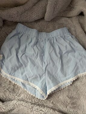 Women's Light Blue Stripe Lace-Trim Pajama Shorts
